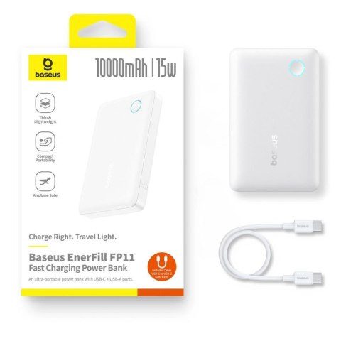 Powerbank Baseus EnerFill FP11 10000mAh 15W z białym kablem USB-C 20V/3A 30cm - biały