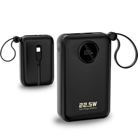 Powerbank Dudao K14+ 20000mAh 22.5W USB-C / USB-A / wbudowane kable Lightning i USB-C - czarny