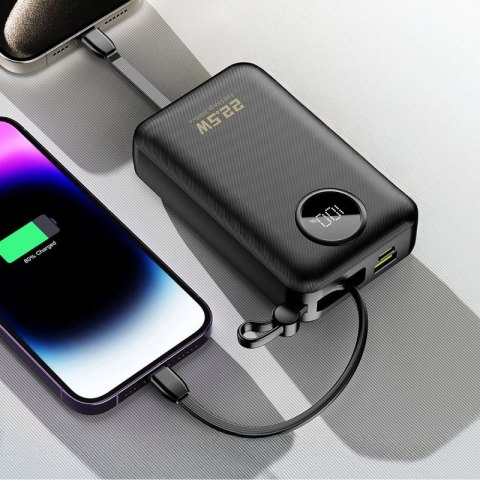 Powerbank Dudao K14+ 20000mAh 22.5W USB-C / USB-A / wbudowane kable Lightning i USB-C - czarny