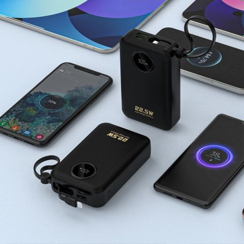 Powerbank Dudao K14+ 20000mAh 22.5W USB-C / USB-A / wbudowane kable Lightning i USB-C - czarny