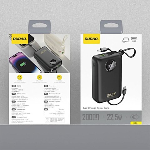 Powerbank Dudao K14+ 20000mAh 22.5W USB-C / USB-A / wbudowane kable Lightning i USB-C - czarny