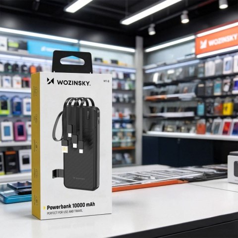 Powerbank Wozinsky W11-B 10000mAh 10W z wbudowanymi kablami i latarką - czarny