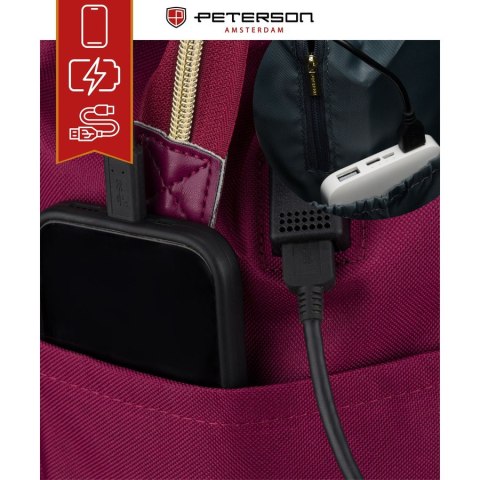 Jednokomorowy plecak damski z poliestru w burgundowym kolorze, wyposażony w port USB - Peterson