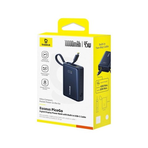 Powerbank Baseus PicoGo 10000mAh 45W z wyświetlaczem cyfrowym z wbudowanym kablem USB-C - czarny