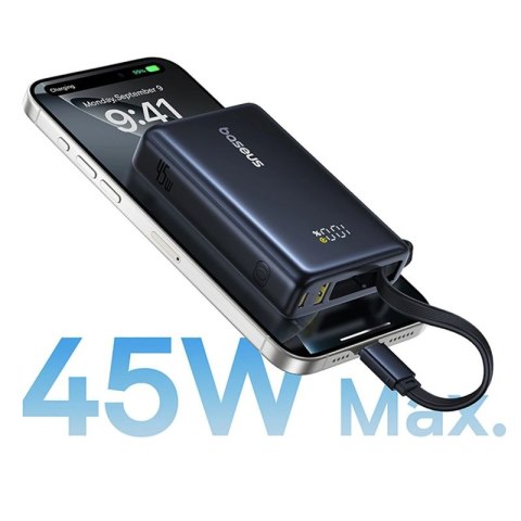 Powerbank Baseus PicoGo 10000mAh 45W z wyświetlaczem cyfrowym z wbudowanym kablem USB-C - czarny