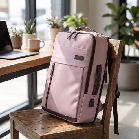 Różowy, podróżny plecak wykonany z poliestru, wyposażony w port USB - Peterson