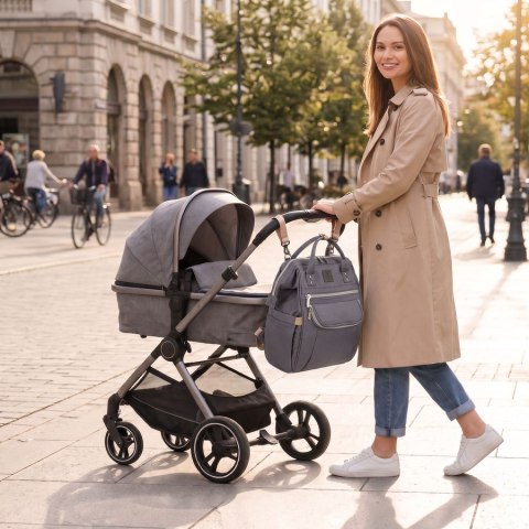 Szary plecak mommy-bag wykonany z poliestru, dwukomorowy i zamykany suwakiem - Peterson