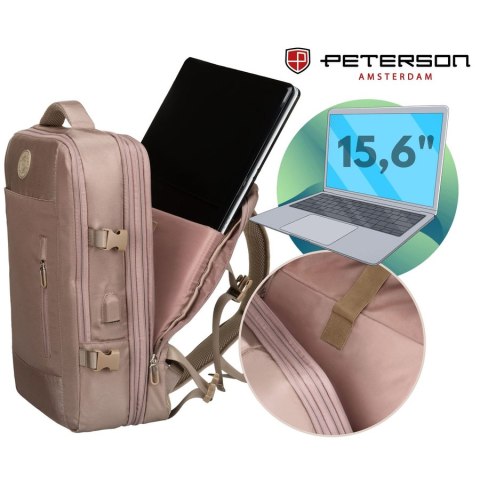 Beżowy plecak podróżny wykonany z cordury z portem USB - Peterson