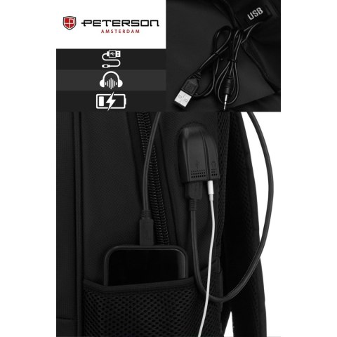Plecak szkolny z poliestru w czarnym kolorze z portem USB - Peterson