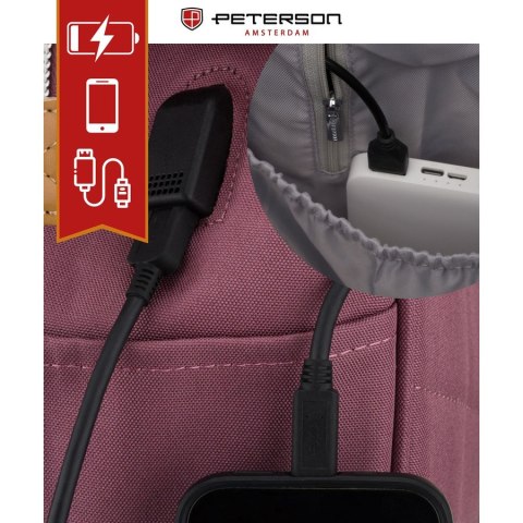 Fioletowy plecak damski z poliestru z miejscem na laptopa i portem USB - Peterson